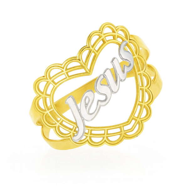 Anel Coração Jesus com Ouro Branco